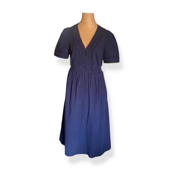 Boden Women’s Trim Double Cloth Dress Navy Blue Sz 10P Midi Romantic Cottagecore - Picture 1 of 16